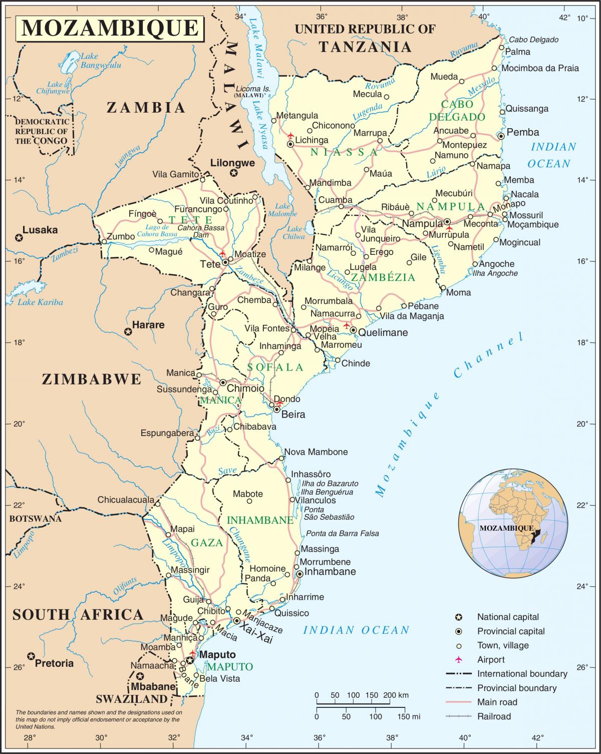 luchthavens in Mozambique op een kaart